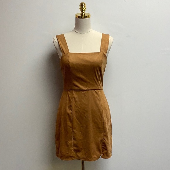 Francesca’s Collection Chris Faux Suede Tan Brown Square Neck Mini Dress - Small - Picture 2 of 10